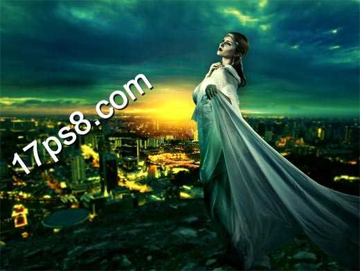 photoshop合成制作出站在城市高处美女图片