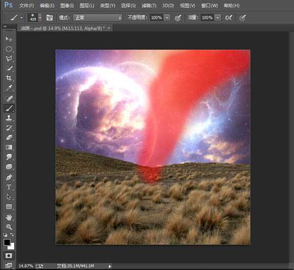 PS合成梦幻荒郊仰望星空的小孩